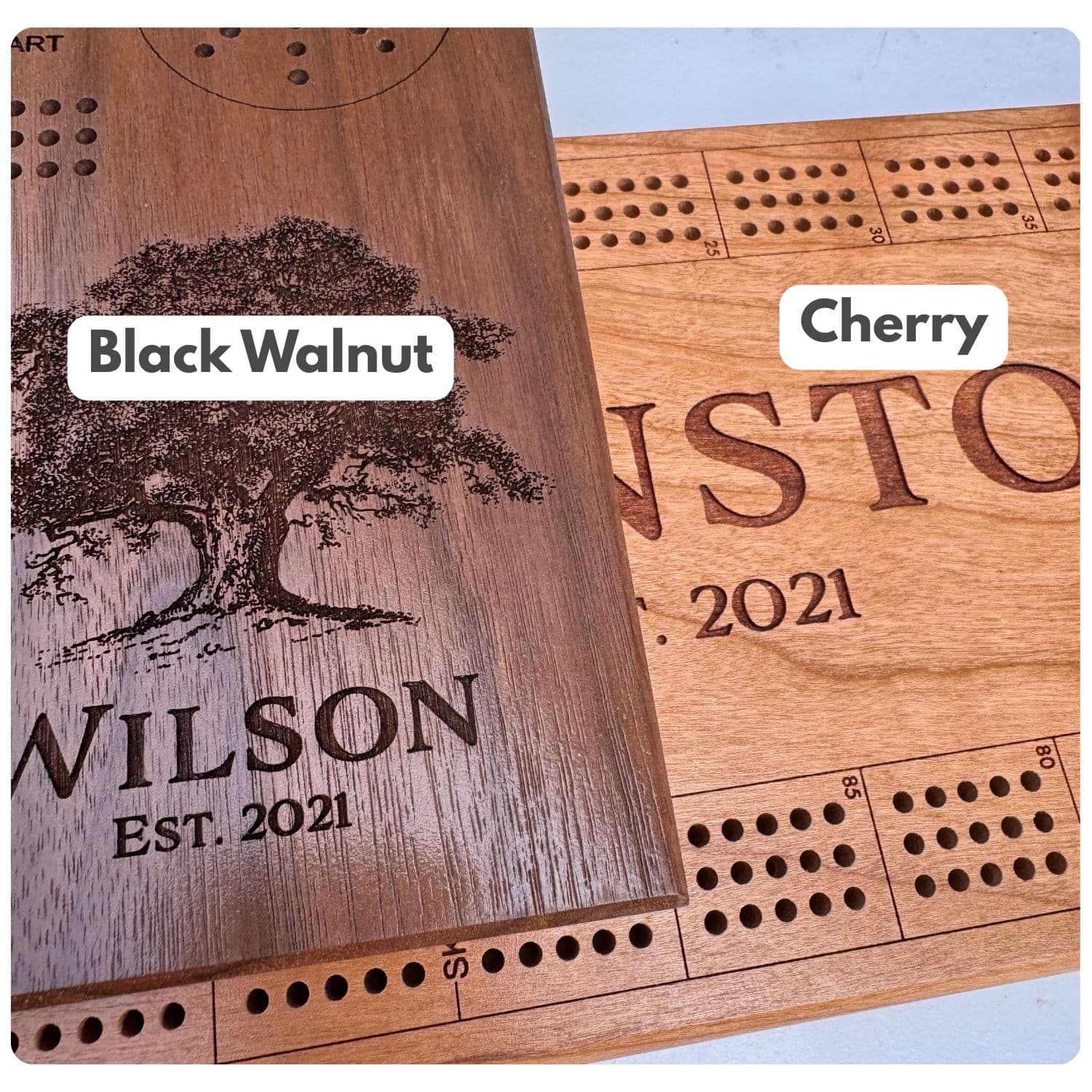 Cherry or Black Walnut — detail on the personalized cribbage board