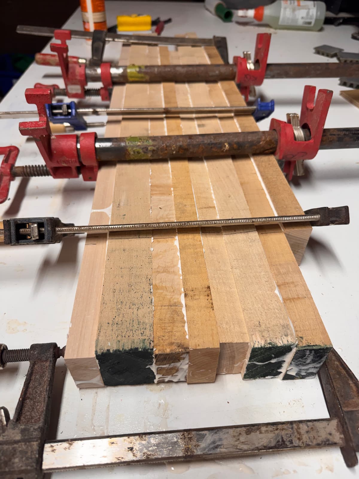 Glued-up hardwood strips clamped together for a cutting board, drying on the wall
