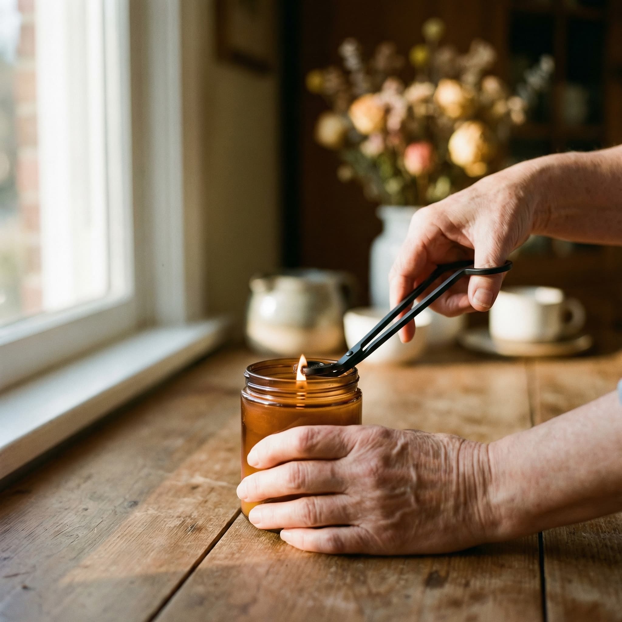 Hands trimming a candle wick with a wick trimmer over an amber jar candle
