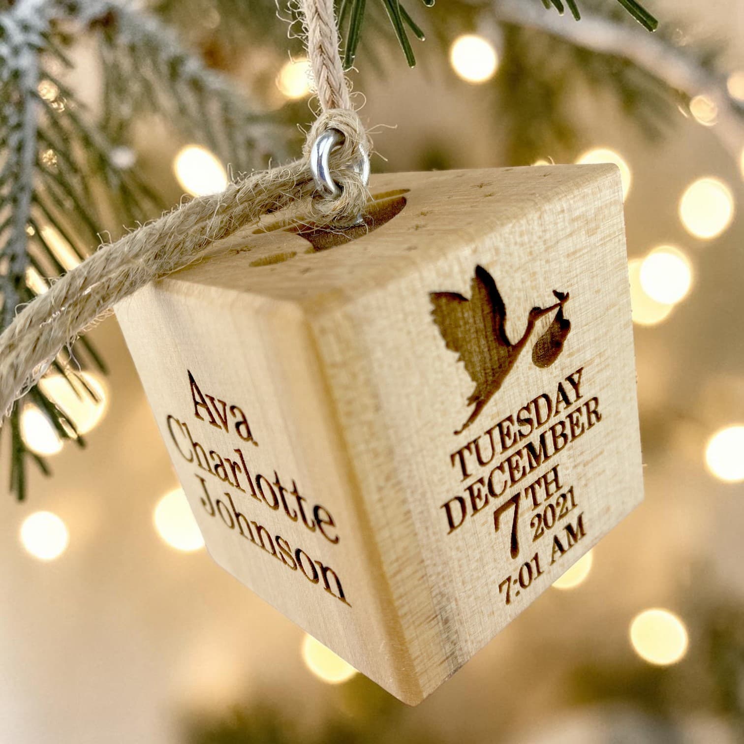 Birth date and time — engraved detail on the First Christmas Block