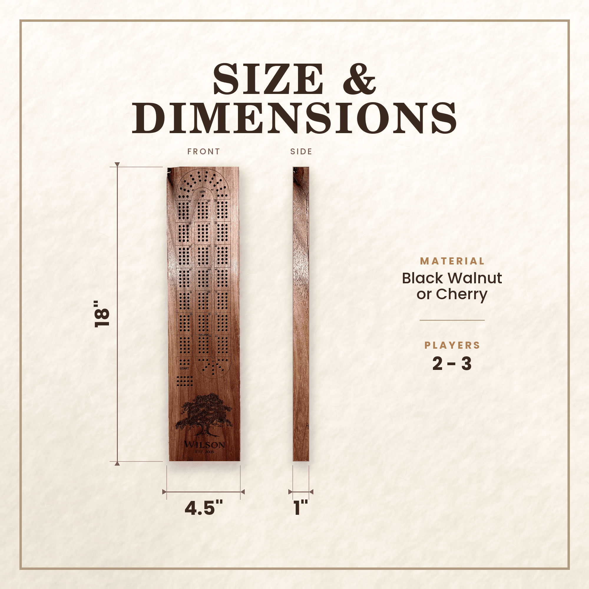 Cribbage board dimensions: 18 inches long, 4.5 inches wide, 1 inch thick, made of Black Walnut or Cherry, for 2 to 3 players