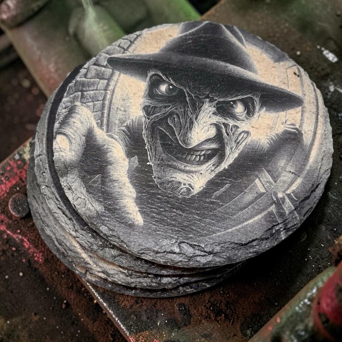 A stack of round slate coasters with Freddy Krueger engraved on top