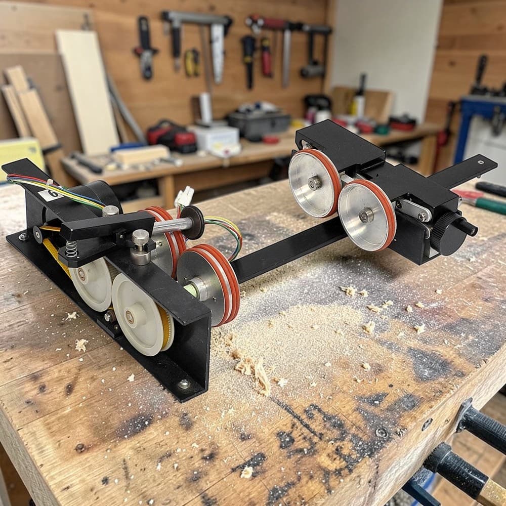 Rotary attachment tool on a workbench in the Timber & Smoke workshop
