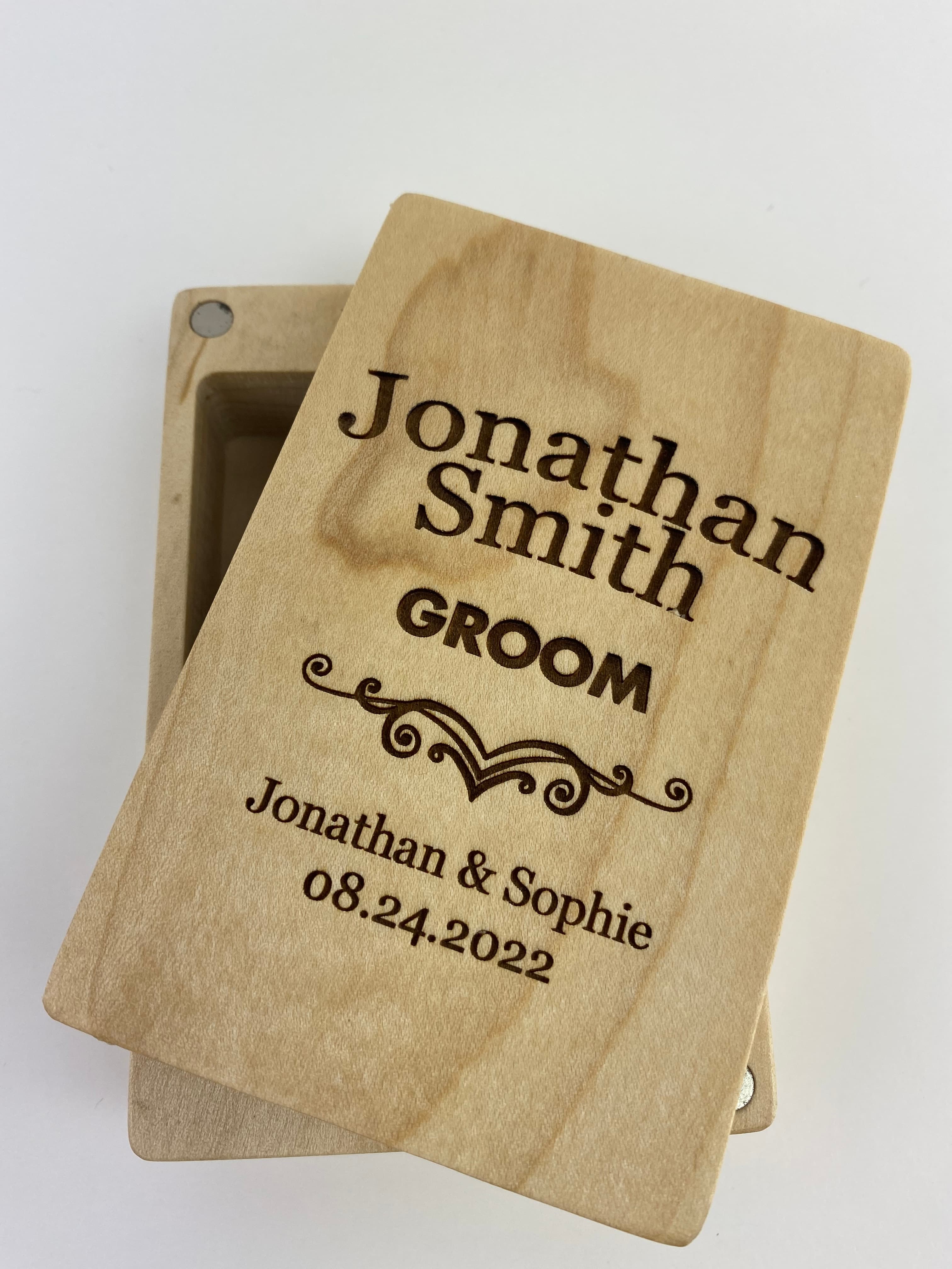 Playing card box with lid showing Jonathan Smith, GROOM engraving with couple's names and wedding date